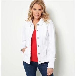 Susan Graver Stretch Denim Size M White Button-Front Frayed Jean Jacket